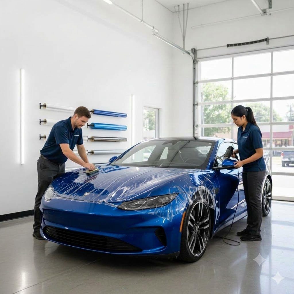Technician carefully working on automotive glass